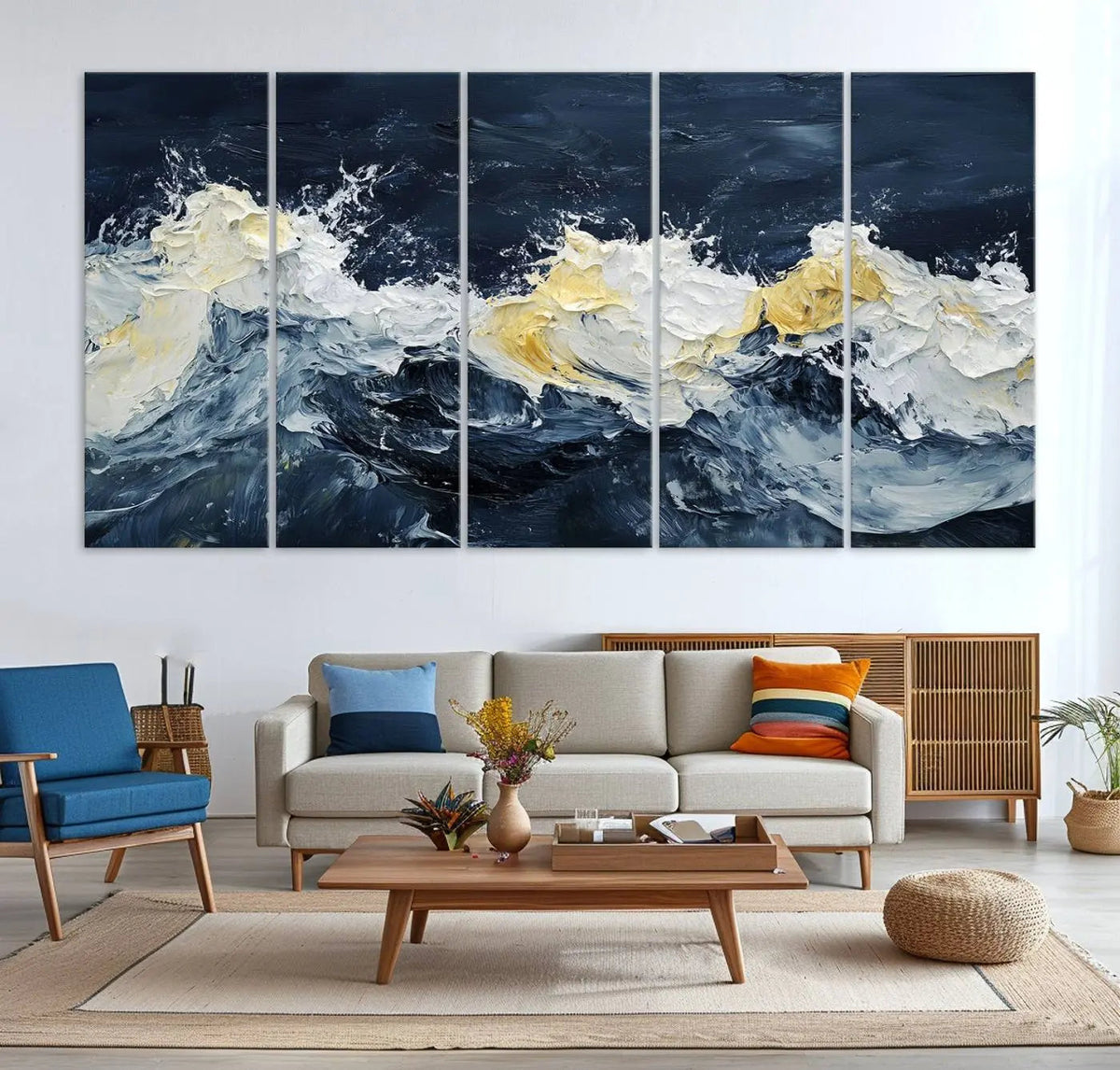 Abstract Ocean Waves Wall Art Canvas Print – Framed Blue