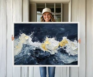 Abstract Ocean Waves Wall Art Canvas Print – Framed Blue
