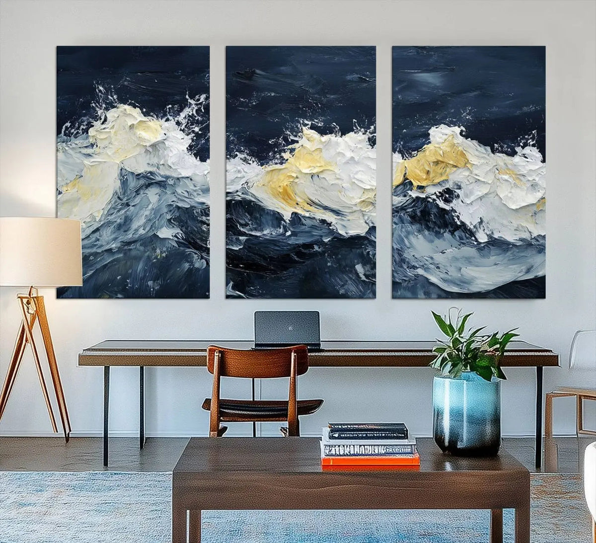 Abstract Ocean Waves Wall Art Canvas Print – Framed Blue