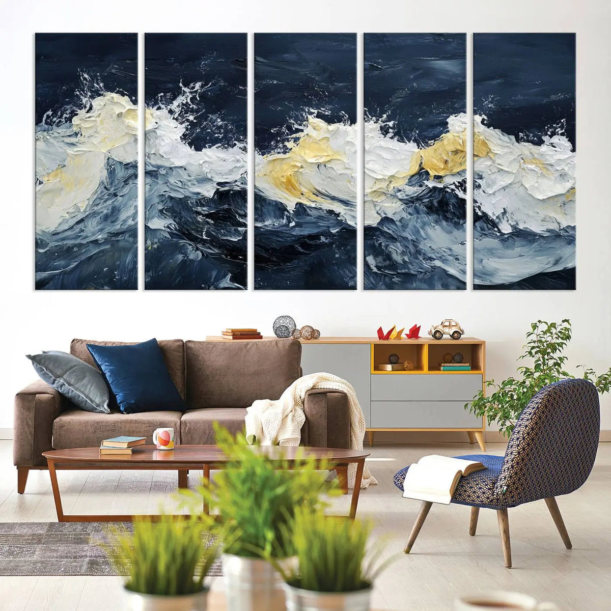 Abstract Ocean Waves Wall Art Canvas Print – Framed Blue