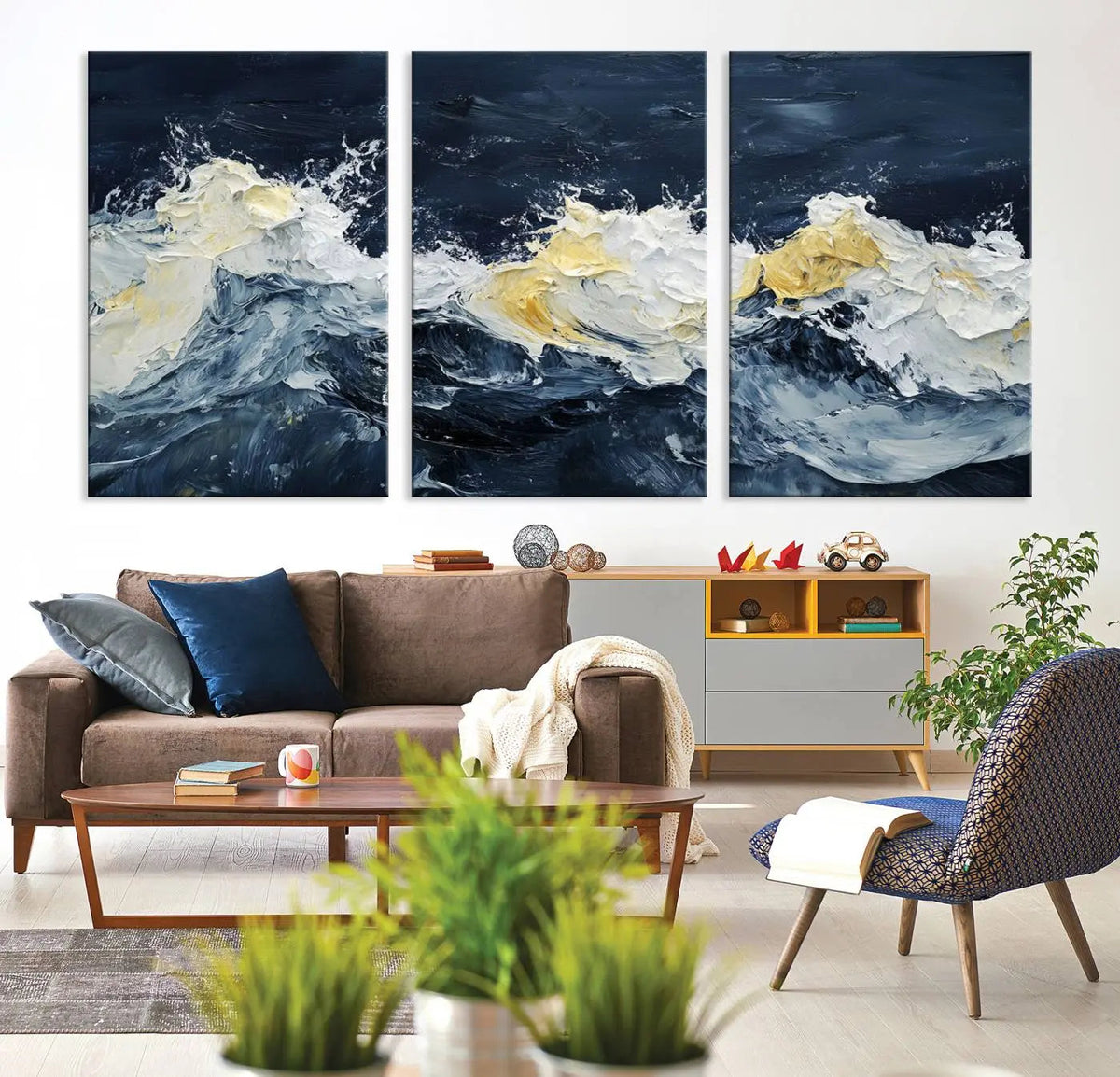 Abstract Ocean Waves Wall Art Canvas Print – Framed Blue