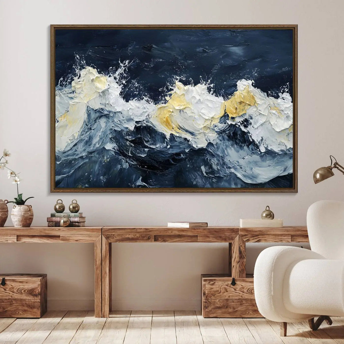Abstract Ocean Waves Wall Art Canvas Print – Framed Blue
