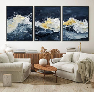 Abstract Ocean Waves Wall Art Canvas Print – Framed Blue