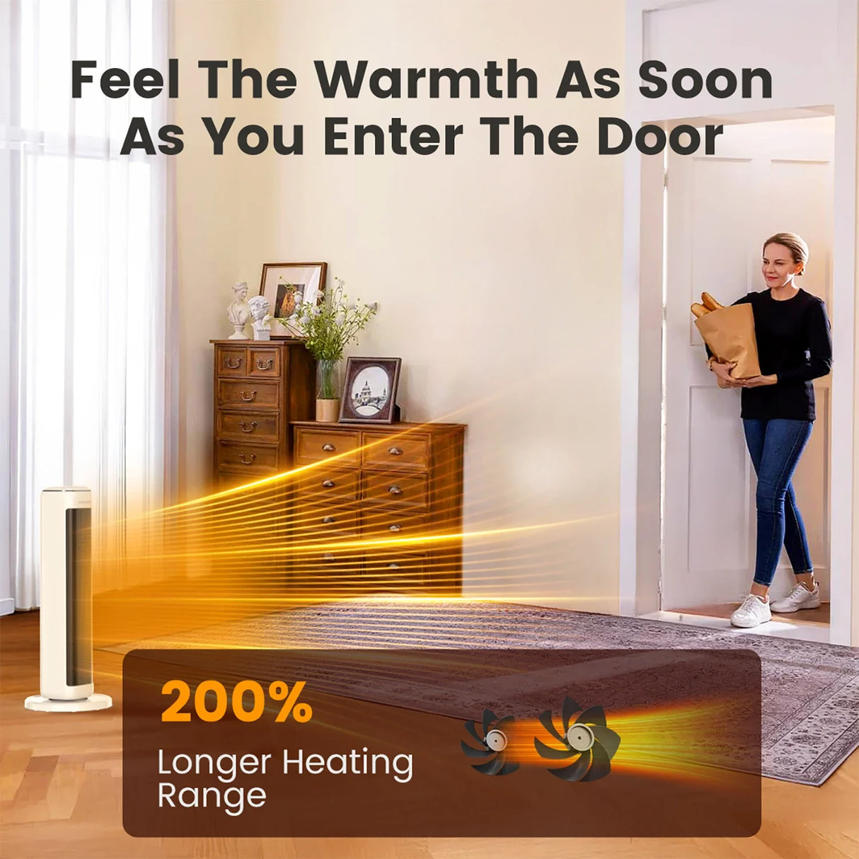25" Ceramic Tower Space Heater – Electric Heater for Large Room with Thermostat
