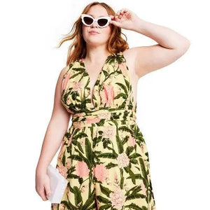 Agua Bendita Sleeveless Cutout Back Full-Length Jumpsuit, Botanical Olive/Yellow