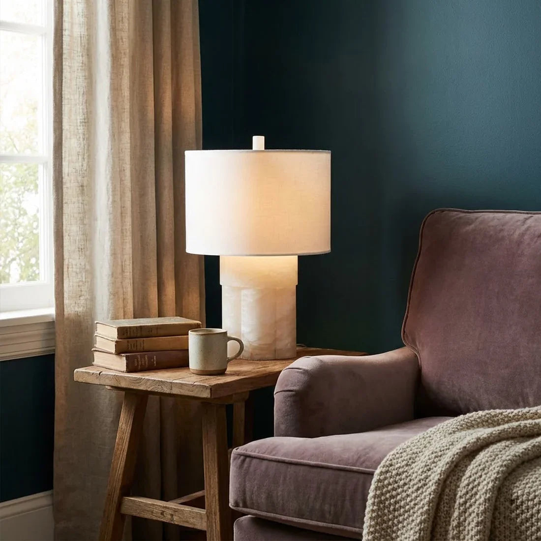 Alabaster Table Lamp with Drum Shade E26 Dimmable 12.9" Light