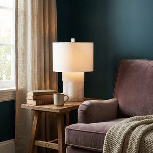 Alabaster Table Lamp with Drum Shade E26 Dimmable 12.9" Light