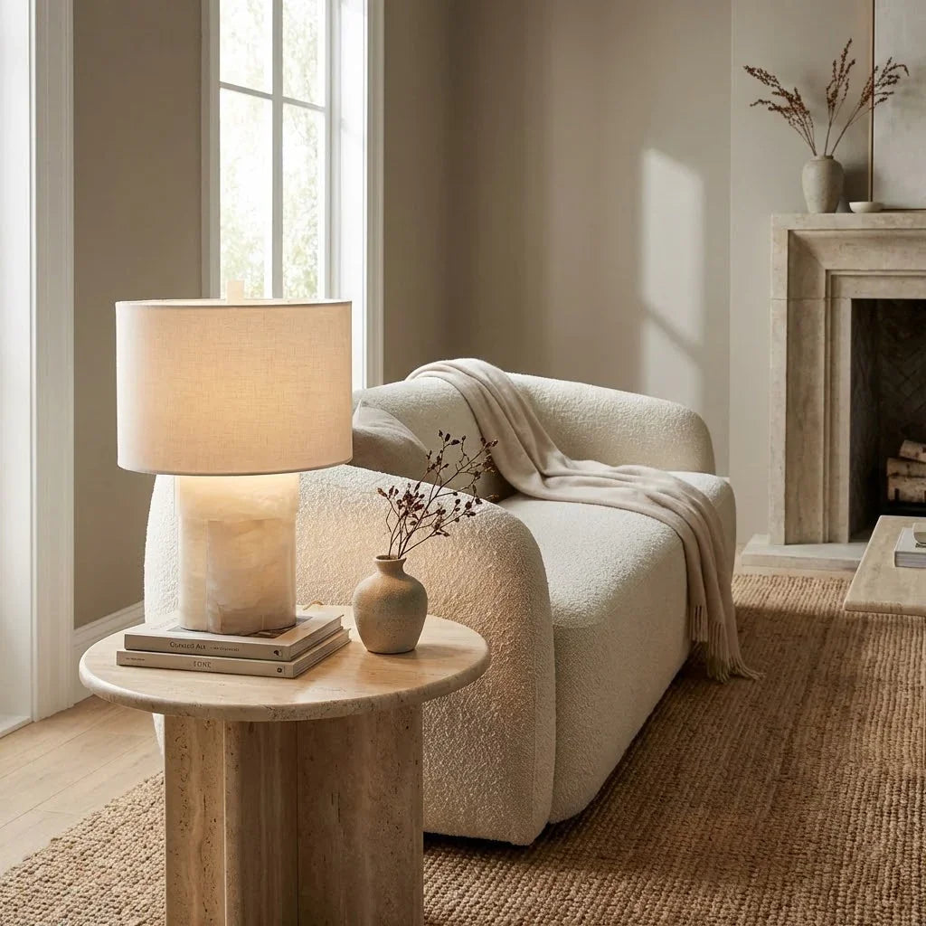 Alabaster Table Lamp with Drum Shade E26 Dimmable 12.9" Light