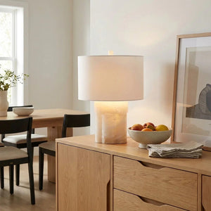 Alabaster Table Lamp with Drum Shade E26 Dimmable 12.9" Light