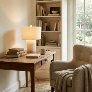 Alabaster Table Lamp with Drum Shade E26 Dimmable 12.9" Light