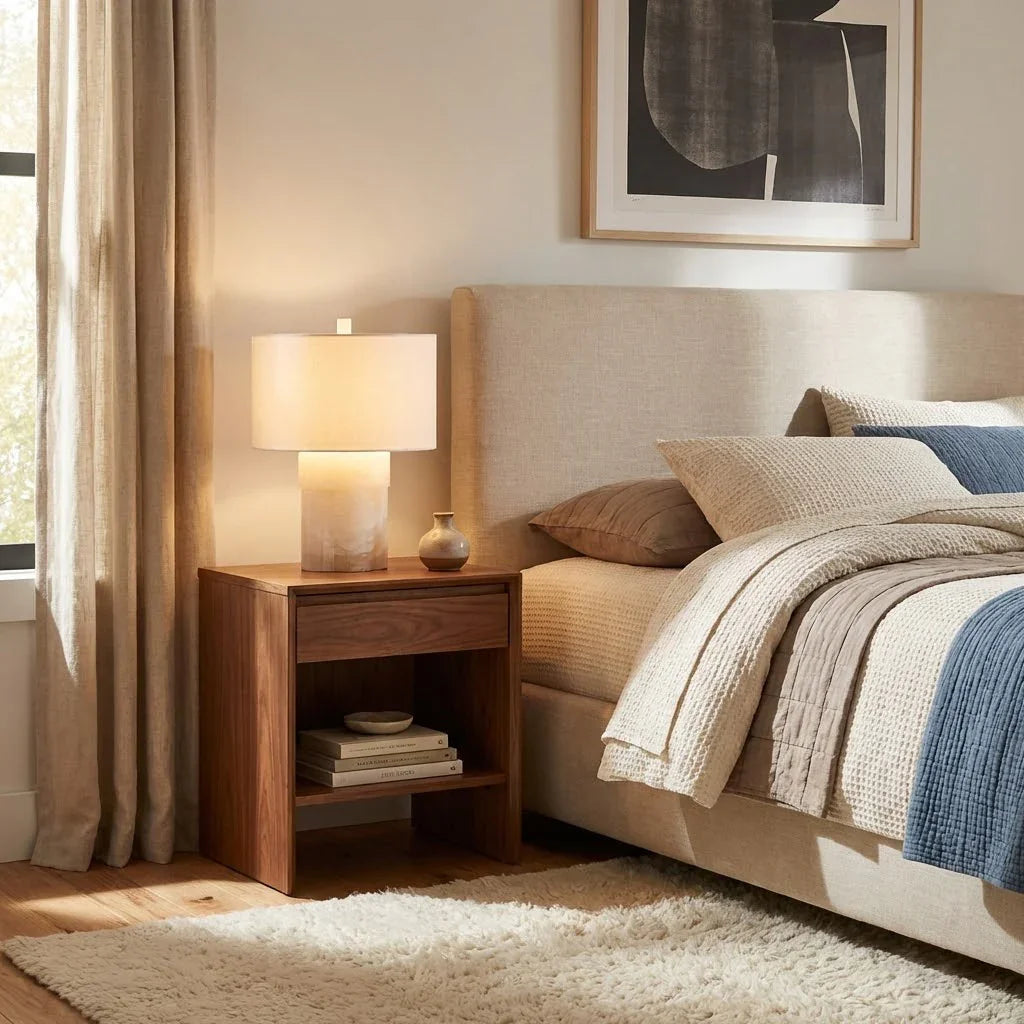 Alabaster Table Lamp with Drum Shade E26 Dimmable 12.9" Light
