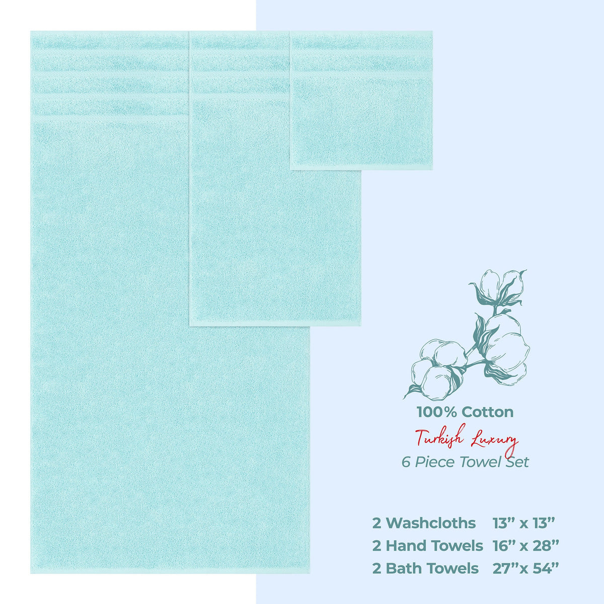 6 Piece 100% Cotton Turkish Bulk Bath Towels - Wholesale Premium Towel Sets - 10 Set Case Pack