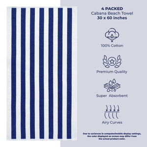 American Soft Linen, Premium Cotton 4 Pack Beach Towels, 30" x 60" Cabana Striped Pool Towels