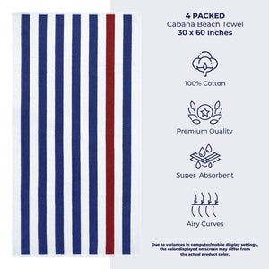 American Soft Linen, Premium Cotton 4 Pack Beach Towels, 30" x 60" Cabana Striped Pool Towels
