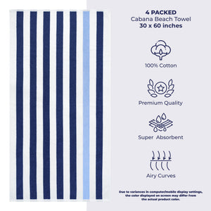 American Soft Linen, Premium Cotton 4 Pack Beach Towels, 30" x 60" Cabana Striped Pool Towels