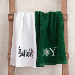 American Soft Linen Christmas Towels Bathroom Set, 2 Packed Embroidered Decorative 100% Cotton Hand Towels, Dish Towels for Decor Xmas