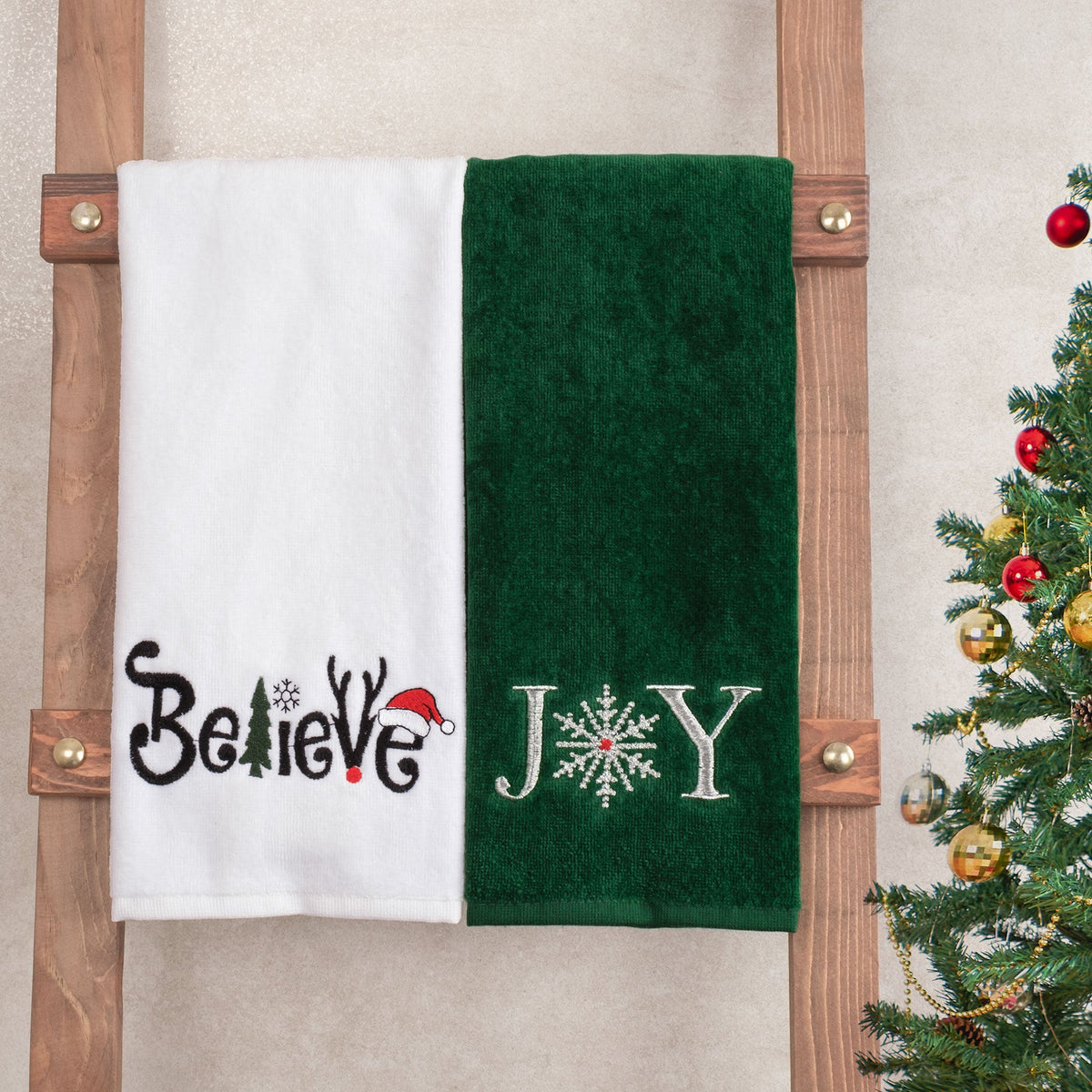 American Soft Linen Christmas Towels Bathroom Set, 2 Packed Embroidered Decorative 100% Cotton Hand Towels, Dish Towels for Decor Xmas