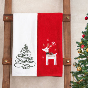 American Soft Linen Christmas Towels Bathroom Set, 2 Packed Embroidered Decorative 100% Cotton Hand Towels, Dish Towels for Decor Xmas