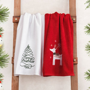 American Soft Linen Christmas Towels Bathroom Set, 2 Packed Embroidered Decorative 100% Cotton Hand Towels, Dish Towels for Decor Xmas