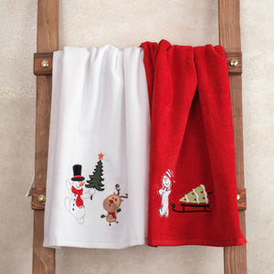 American Soft Linen Christmas Towels Bathroom Set, 2 Packed Embroidered Decorative 100% Cotton Hand Towels, Dish Towels for Decor Xmas