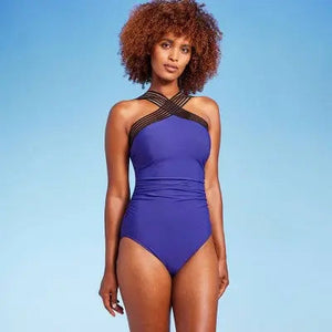 Aqua Green Women's Crossover Neck One Piece Swimsuit UPF 50+