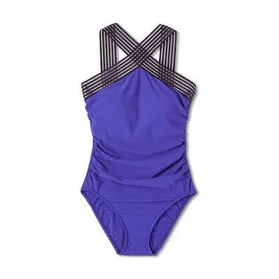 Aqua Green Women's Crossover Neck One Piece Swimsuit UPF 50+