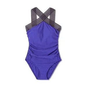 Aqua Green Women's Crossover Neck One Piece Swimsuit UPF 50+
