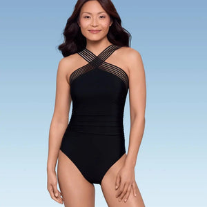 Aqua Green Women's Crossover Neck One Piece Swimsuit UPF 50+