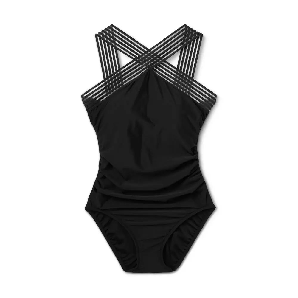 Aqua Green Women's Crossover Neck One Piece Swimsuit UPF 50+
