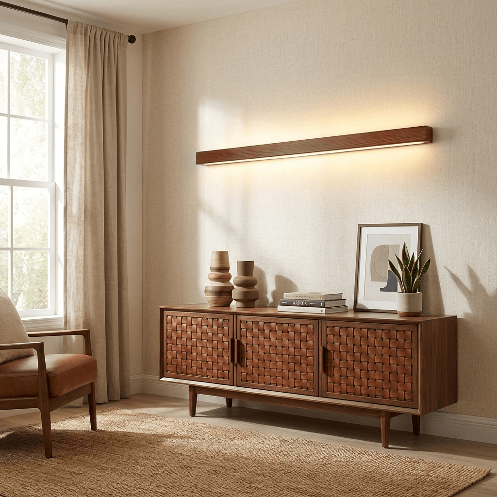 Pinea | Linear Pine Wood Wall Light with Frosted Diffuser, Dimmable Warm LED for Hallway