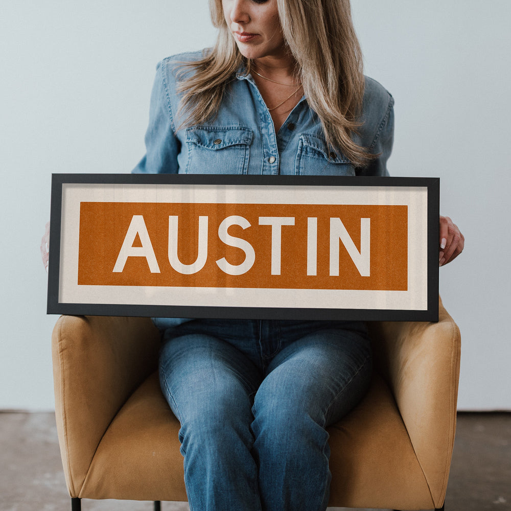 Framed Austin Orange Bus Scroll