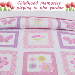 Butterfly Flower Pink Print Patchwork Twin Cotton Reversible Quilt Bedding Set