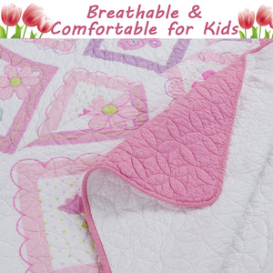 Butterfly Flower Pink Print Patchwork Twin Cotton Reversible Quilt Bedding Set