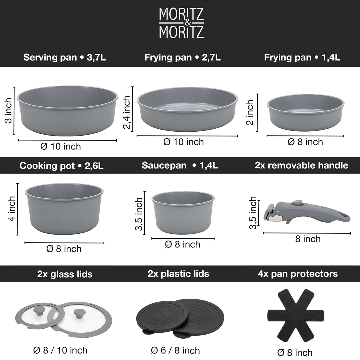 15-Piece Cast Aluminum Pot and Pan Set with Removable Handles
