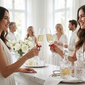 Clear Champagne Glass with Red Bow on Stem, Set of 2