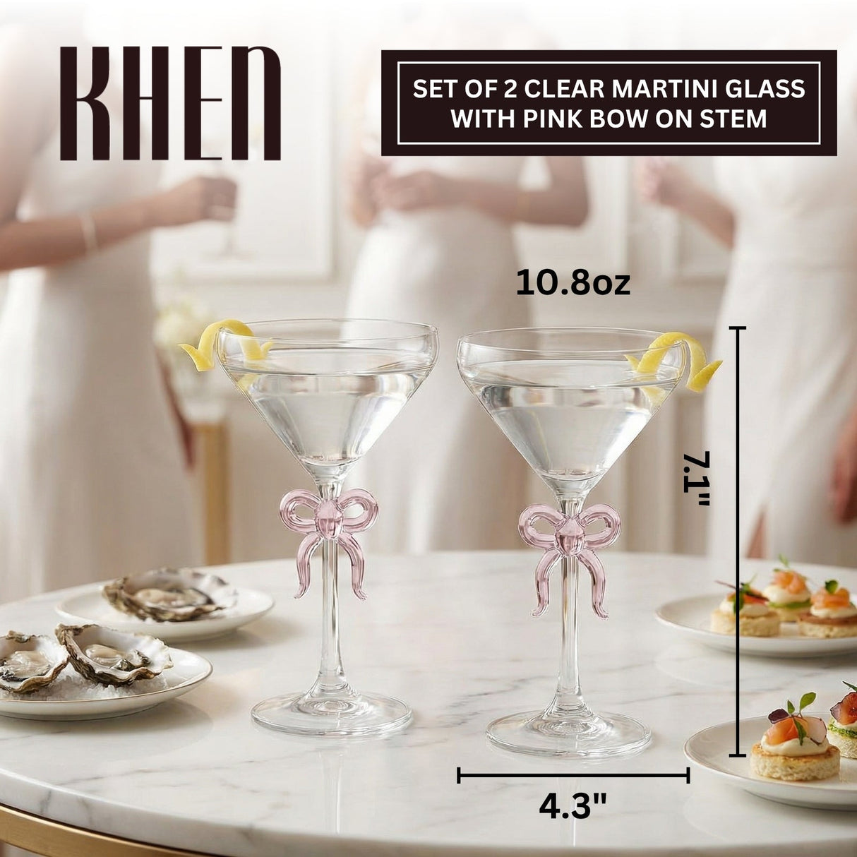 Clear Martini Glass with Pink Bow on Stem, Set of 2