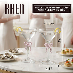 Clear Martini Glass with Pink Bow on Stem, Set of 2
