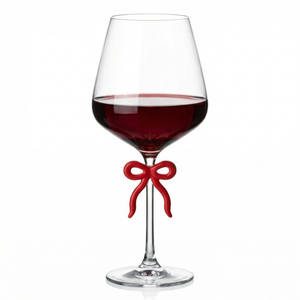 Large Clear Wine Glass with Red Bow on Stem, One Piece