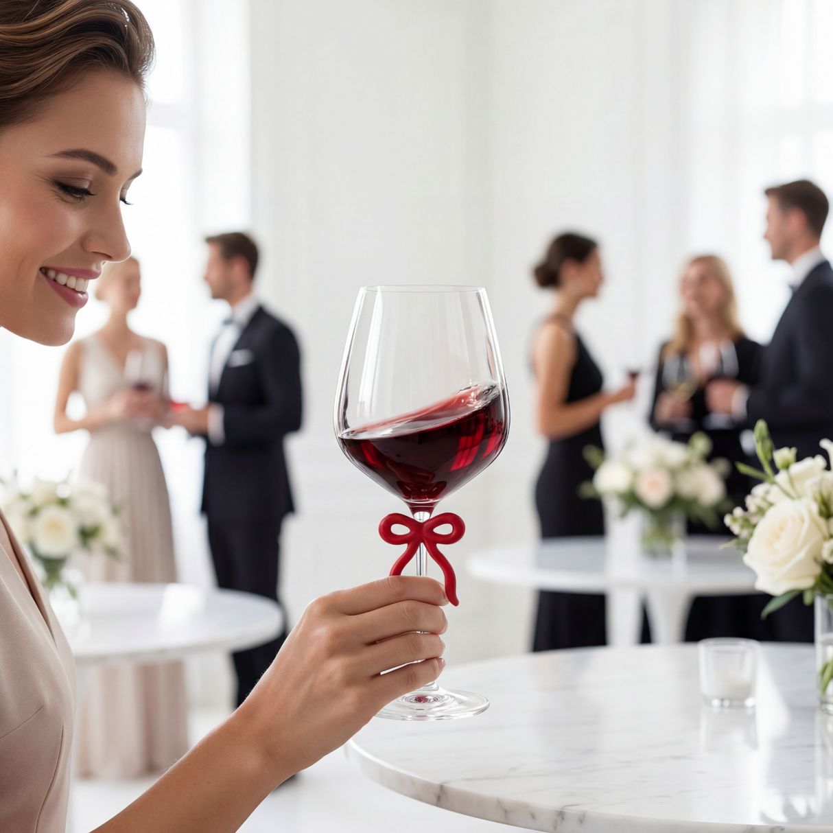 Large Clear Wine Glass with Red Bow on Stem, One Piece