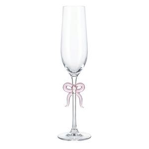 Single Clear Champagne Glass with Pink Bow on Stem, One Piece
