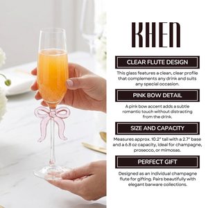 Single Clear Champagne Glass with Pink Bow on Stem, One Piece