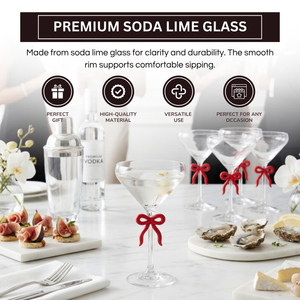 Single Clear Martini Glass with Red Bow on Stem, One Piece