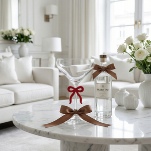 Single Clear Martini Glass with Red Bow on Stem, One Piece