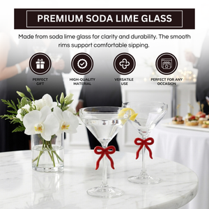 Clear Martini Glass with Red Bow on Stem, Set of 2