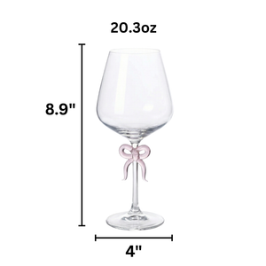 Large Clear Wine Glass with Pink Bow on Stem, Set of 2