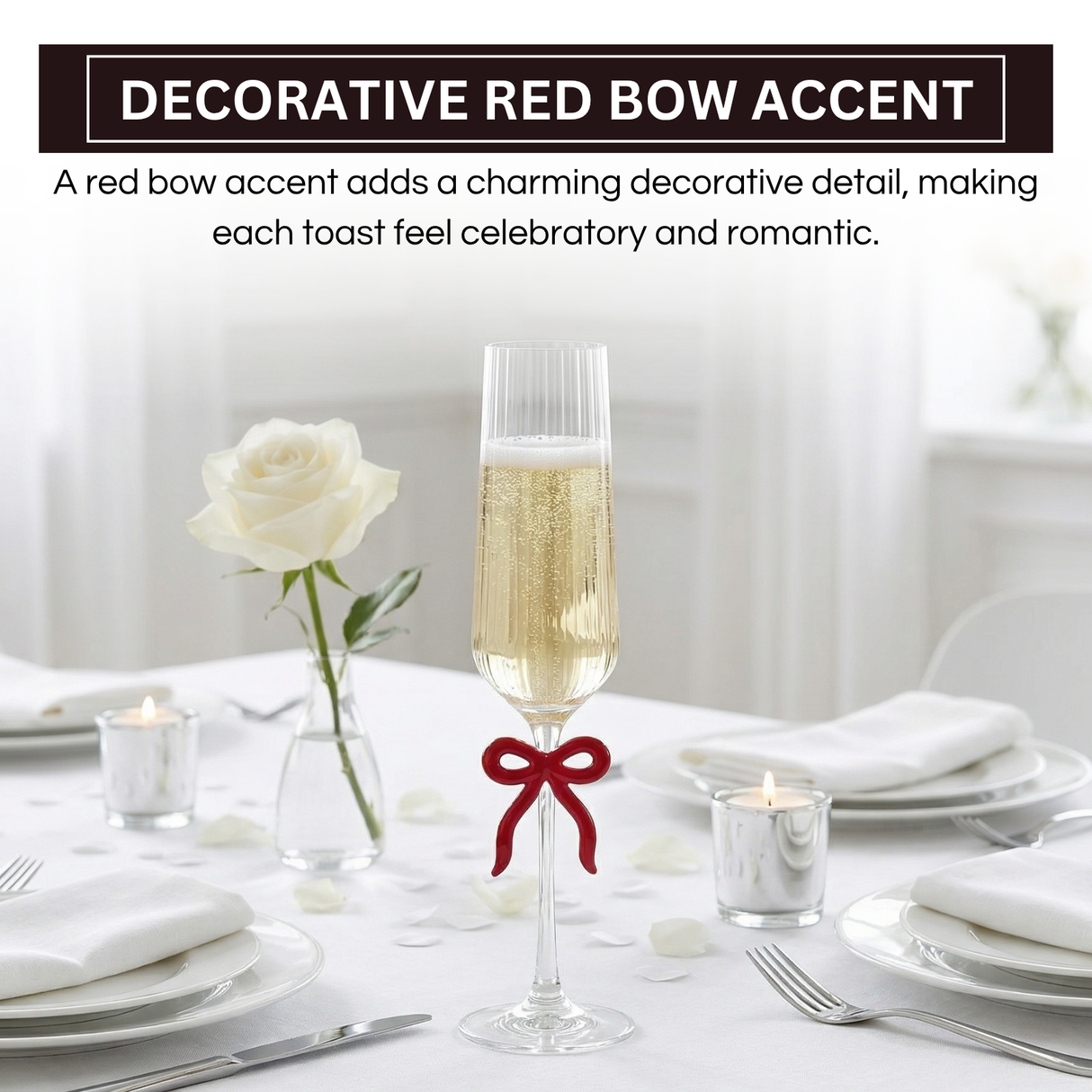 Single Ribbed Clear Champagne Glass with Red Bow on Stem