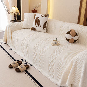 Plush Sherpa Fleece Sofa Cover with 3D Cable Knit Texture, Soft Cozy Throw Blanket