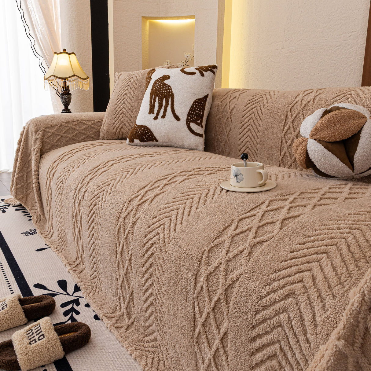 Plush Sherpa Fleece Sofa Cover with 3D Cable Knit Texture, Soft Cozy Throw Blanket