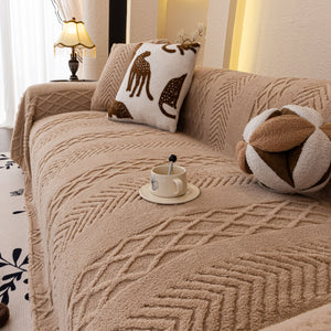 Plush Sherpa Fleece Sofa Cover with 3D Cable Knit Texture, Soft Cozy Throw Blanket