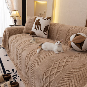 Plush Sherpa Fleece Sofa Cover with 3D Cable Knit Texture, Soft Cozy Throw Blanket